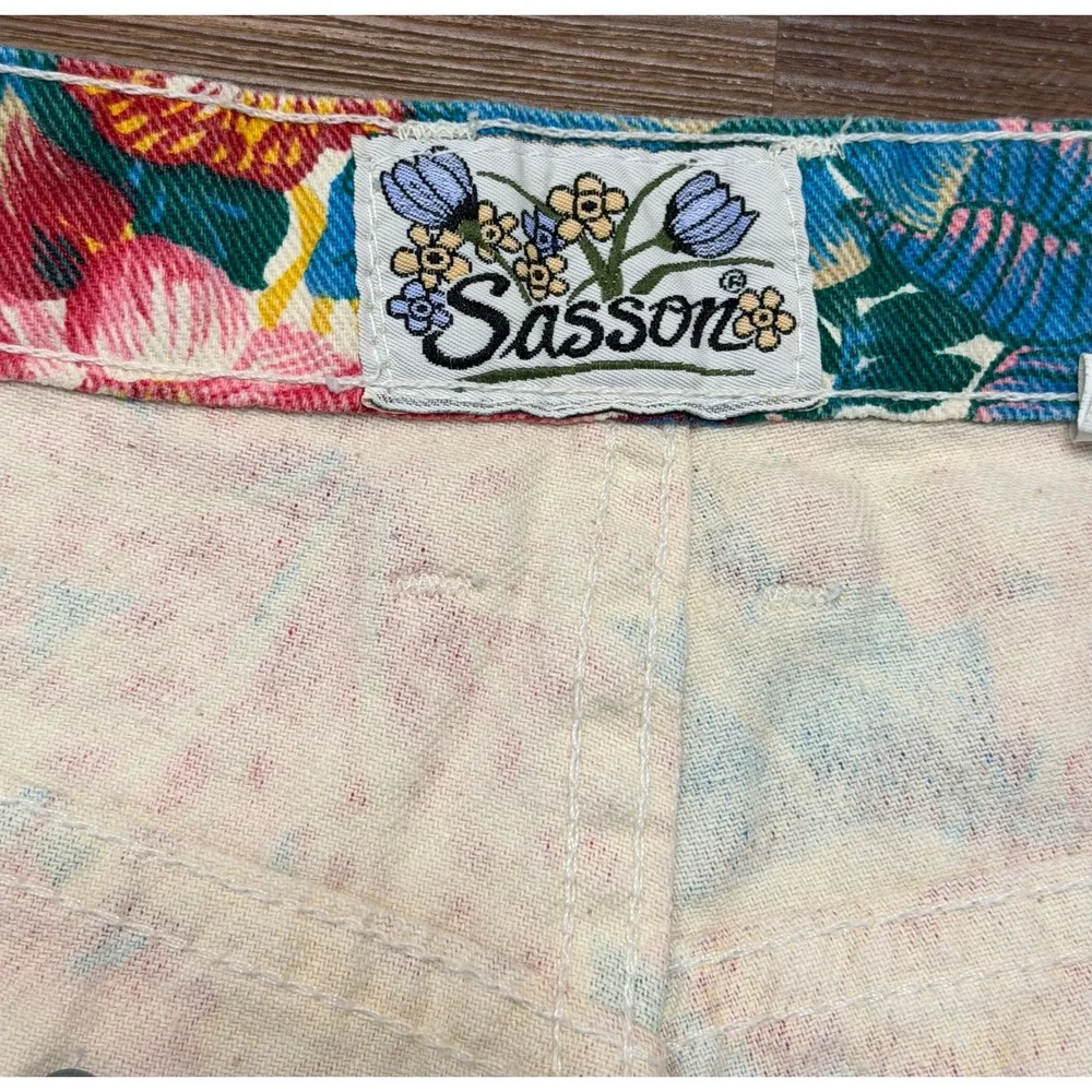 Vintage 80's Sasson Floral High Waisted Denim Shorts Tropical Womens Sz 16
